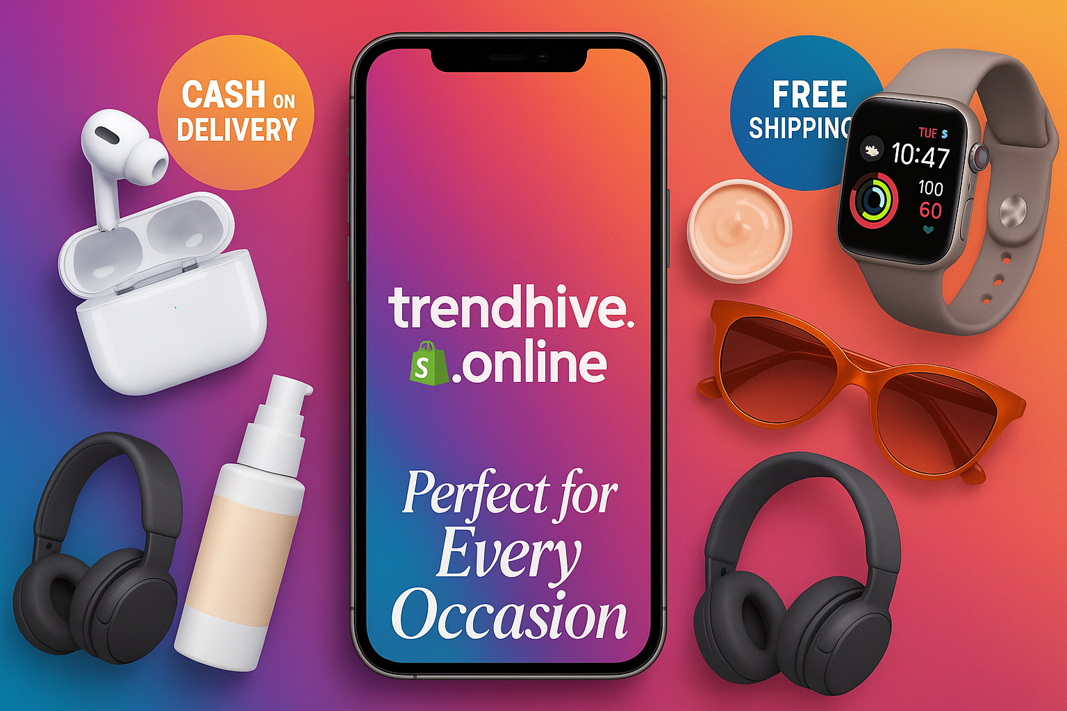 create a unique cover with all trending products.also with store name trendhive.online. cover should be attractive. there should be a phone with trendhive.online store name and shopify icon. also add cash on delivery and free shipping.perfect for every occassion.
